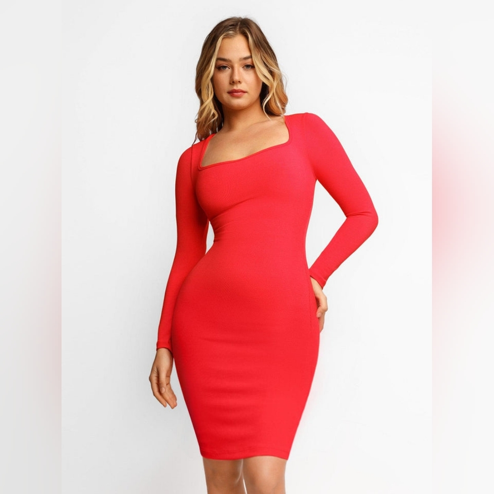 Popilush Built-In Shapewear Long Sleeve Midi Lounge Dress